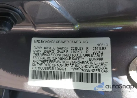 2020 Acura Tlx Standard z USA, uszkodzony, nr VIN 19UUB2F35LA002674